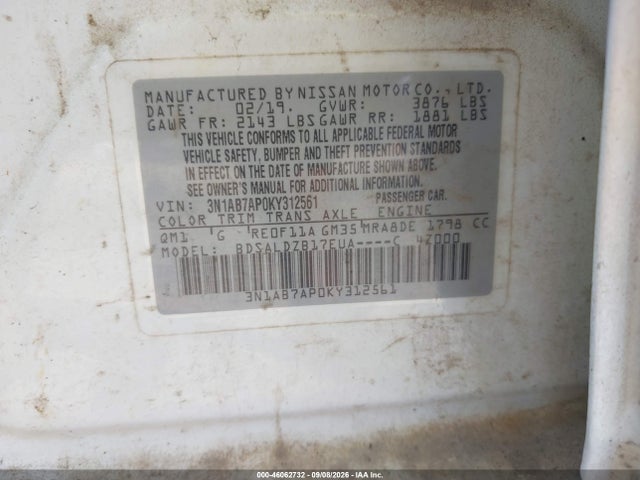 46062732 :رقم المزاد ، 3N1AB7AP0KY312561 vin ، 2019 Nissan Sentra Sv مزاد بيع