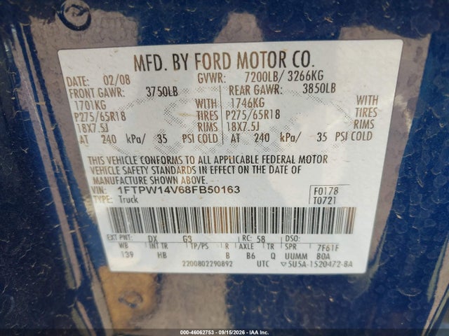 2008 Ford F-150 60th Anniversary/fx4/king Ranch/lariat/xlt მანქანა იყიდება აუქციონზე, vin: 1FTPW14V68FB50163, აუქციონის ნომერი: 46062753