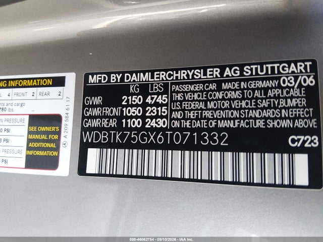 Aukcja sprzedaży 2006 Mercedes-benz Clk 500, vin: WDBTK75GX6T071332, numer aukcji: 46062754