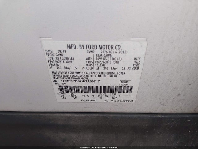 2019 Ford Explorer Xlt მანქანა იყიდება აუქციონზე, vin: 1FM5K7D82KGA09717, აუქციონის ნომერი: 46062779