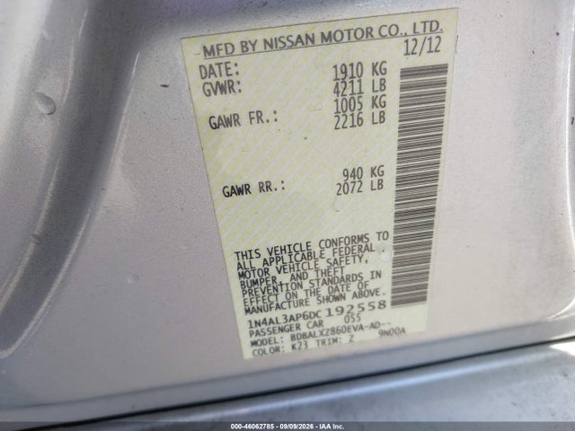 Aukcja sprzedaży 2013 Nissan Altima 2.5 Sl, vin: 1N4AL3AP6DC192558, numer aukcji: 46062785