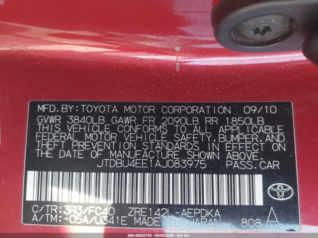 2010 Toyota Corolla Le მანქანა იყიდება აუქციონზე, vin: JTDBU4EE1AJ083975, აუქციონის ნომერი: 46062786