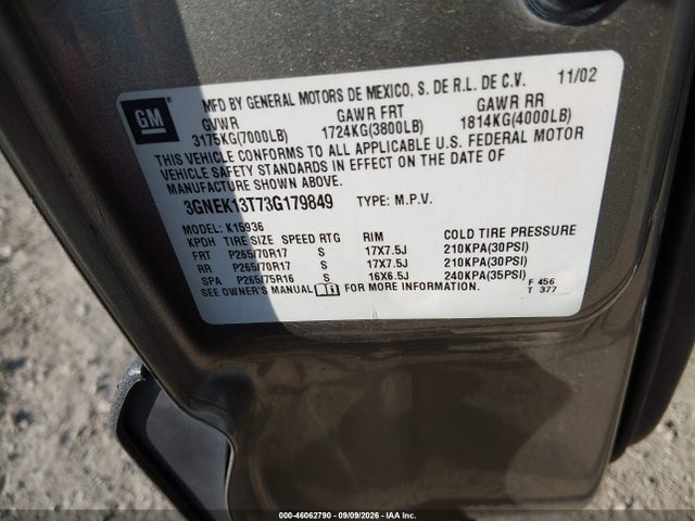 Продажа на аукционе авто 2003 Chevrolet Avalanche 1500, vin: 3GNEK13T73G179849, номер лота: 46062790