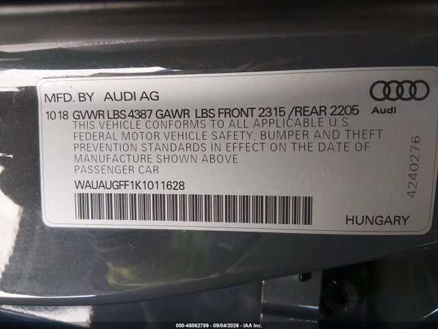 Продаж на аукціоні авто 2019 Audi A3 40 Premium/40 Titanium Premium, vin: WAUAUGFF1K1011628, номер лоту: 46062799