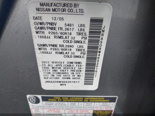 46062801 :رقم المزاد ، JNRAS08W46X201617 vin ، 2006 Infiniti Fx35 مزاد بيع