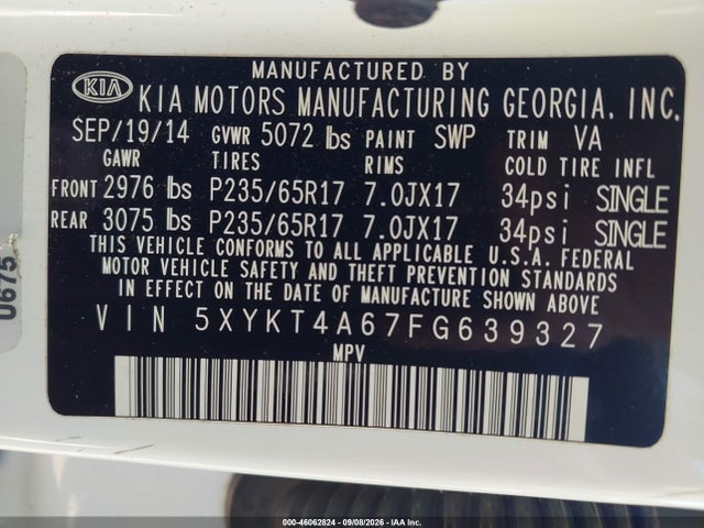 Продажа на аукционе авто 2015 Kia Sorento Lx, vin: 5XYKT4A67FG639327, номер лота: 46062824