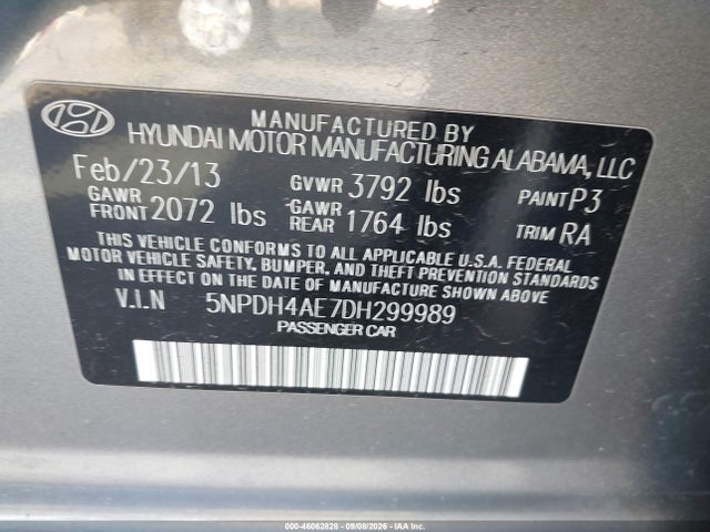 46062828 :رقم المزاد ، 5NPDH4AE7DH299989 vin ، 2013 Hyundai Elantra Gls مزاد بيع