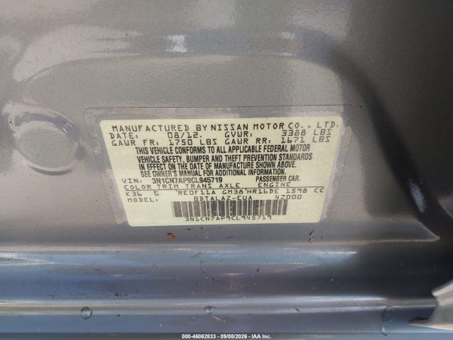 Продажа на аукционе авто 2012 Nissan Versa 1.6 S, vin: 3N1CN7AP9CL945719, номер лота: 46062833