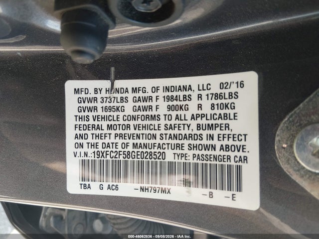 2016 Honda Civic Lx მანქანა იყიდება აუქციონზე, vin: 19XFC2F58GE028520, აუქციონის ნომერი: 46062836