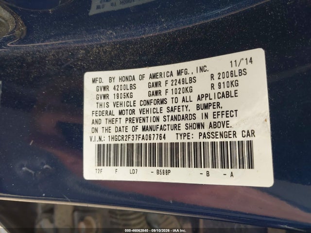 Aukcja sprzedaży 2015 Honda Accord Lx, vin: 1HGCR2F37FA067764, numer aukcji: 46062840