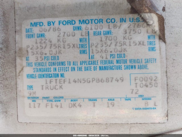 Aukcja sprzedaży 1986 Ford F150, vin: 1FTEF14N5GPB68749, numer aukcji: 46062846