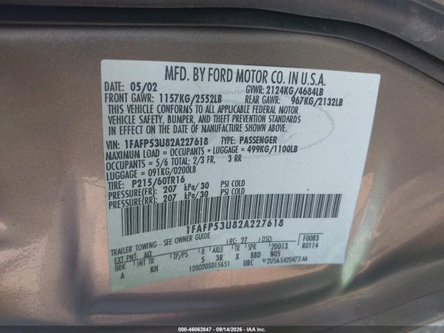 Продажа на аукционе авто 2002 Ford Taurus Se, vin: 1FAFP53U82A227618, номер лота: 46062847