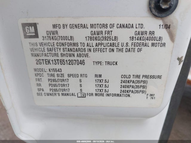 2005 Gmc Sierra 1500 Sle მანქანა იყიდება აუქციონზე, vin: 2GTEK13T651207046, აუქციონის ნომერი: 46062866