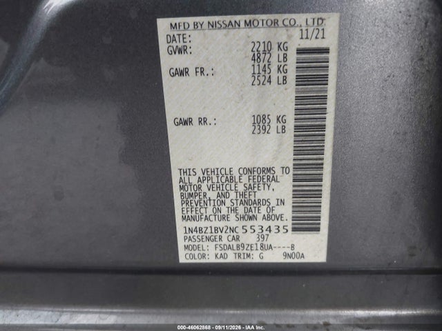 Продажа на аукционе авто 2022 Nissan Leaf S Plus 62 Kwh, vin: 1N4BZ1BV2NC553435, номер лота: 46062868