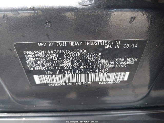 2015 Subaru Wrx Limited მანქანა იყიდება აუქციონზე, vin: JF1VA1J62F9814348, აუქციონის ნომერი: 46062886