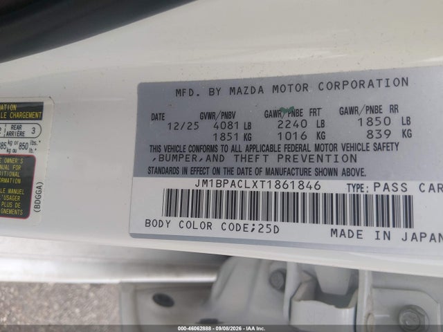 Aukcja sprzedaży 2026 Mazda Mazda3 2.5 S Preferred, vin: JM1BPACLXT1861846, numer aukcji: 46062888