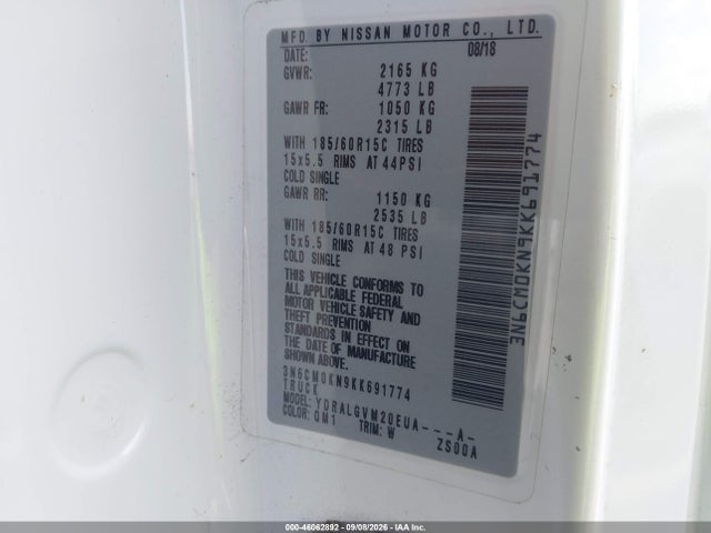 46062892 :رقم المزاد ، 3N6CM0KN9KK691774 vin ، 2019 Nissan Nv200 Sv مزاد بيع