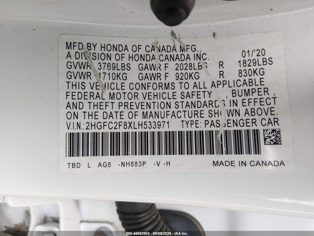 46062902 :رقم المزاد ، 2HGFC2F8XLH533971 vin ، 2020 Honda Civic Sport مزاد بيع