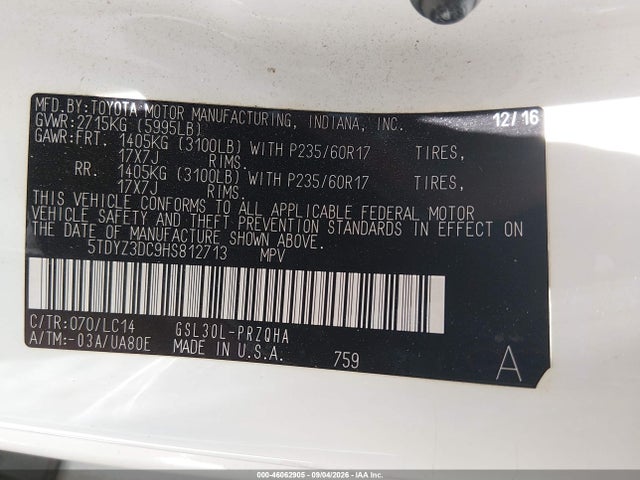 2017 Toyota Sienna Xle 8 Passenger მანქანა იყიდება აუქციონზე, vin: 5TDYZ3DC9HS812713, აუქციონის ნომერი: 46062905