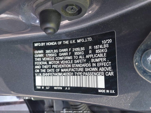 2021 Honda Civic Sport მანქანა იყიდება აუქციონზე, vin: SHHFK7H43MU403531, აუქციონის ნომერი: 46062908