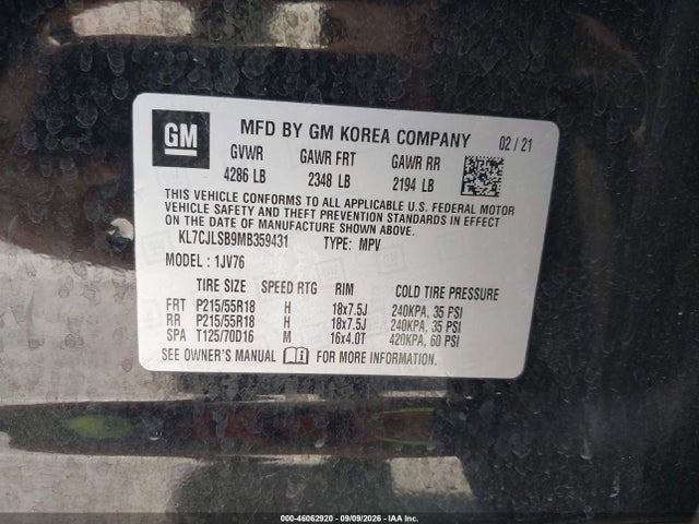 KL7CJLSB9MB359431 Chevrolet Trax Fwd Lt
