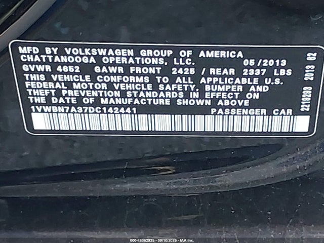 46062925 :رقم المزاد ، 1VWBN7A37DC142441 vin ، 2013 Volkswagen Passat 2.0l Tdi Se مزاد بيع