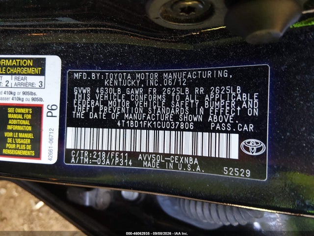 46062935 :رقم المزاد ، 4T1BD1FK1CU037806 vin ، 2012 Toyota Camry Hybrid Le مزاد بيع
