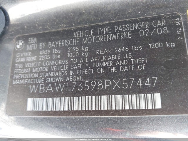 46062939 :رقم المزاد ، WBAWL73598PX57447 vin ، 2008 Bmw 335i مزاد بيع