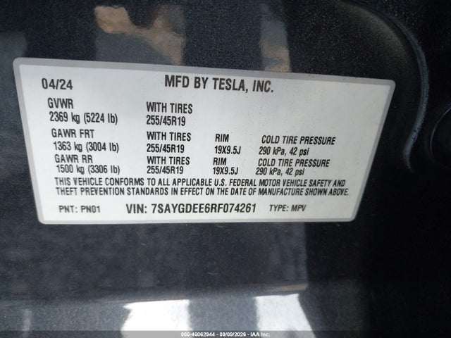 Aukcja sprzedaży 2024 Tesla Model Y Long Range Dual Motor All-wheel Drive, vin: 7SAYGDEE6RF074261, numer aukcji: 46062944