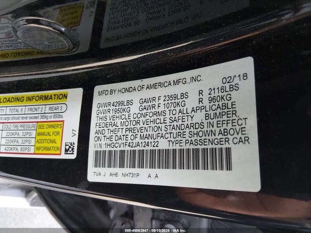 Продаж на аукціоні авто 2018 Honda Accord Ex, vin: 1HGCV1F42JA124122, номер лоту: 46062947