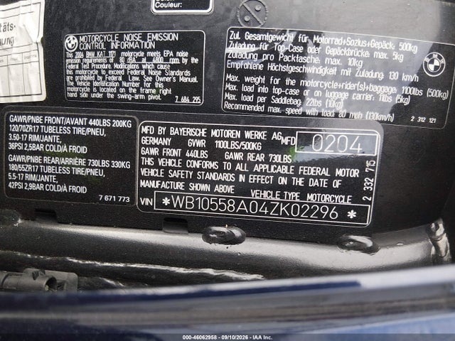2004 Bmw K1200 Gt მანქანა იყიდება აუქციონზე, vin: WB10558A04ZK02296, აუქციონის ნომერი: 46062958