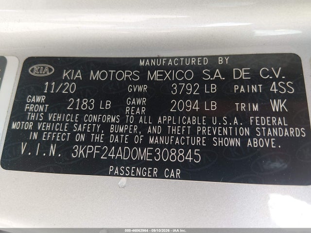 Aukcja sprzedaży 2021 Kia Forte Lxs, vin: 3KPF24AD0ME308845, numer aukcji: 46062964