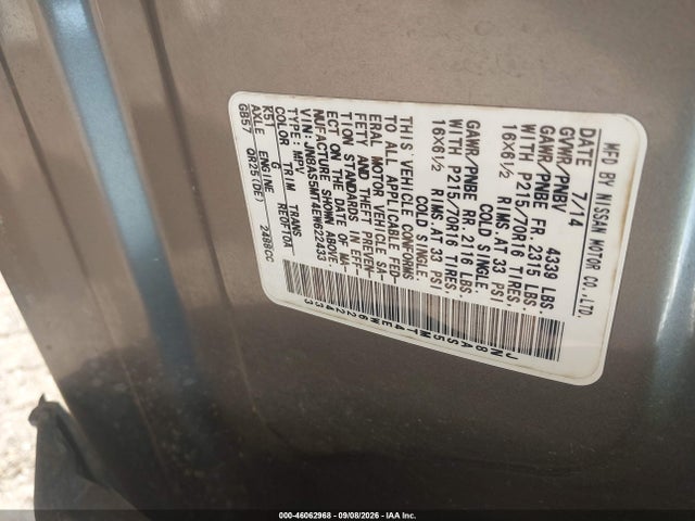 2014 Nissan Rogue Select S მანქანა იყიდება აუქციონზე, vin: JN8AS5MT4EW622433, აუქციონის ნომერი: 46062968