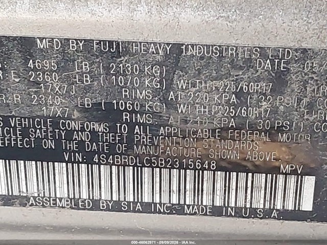 2011 Subaru Outback 3.6r Limited მანქანა იყიდება აუქციონზე, vin: 4S4BRDLC5B2315648, აუქციონის ნომერი: 46062971