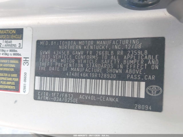 Aukcja sprzedaży 2009 Toyota Camry Le, vin: 4T4BE46K19R128930, numer aukcji: 46062973