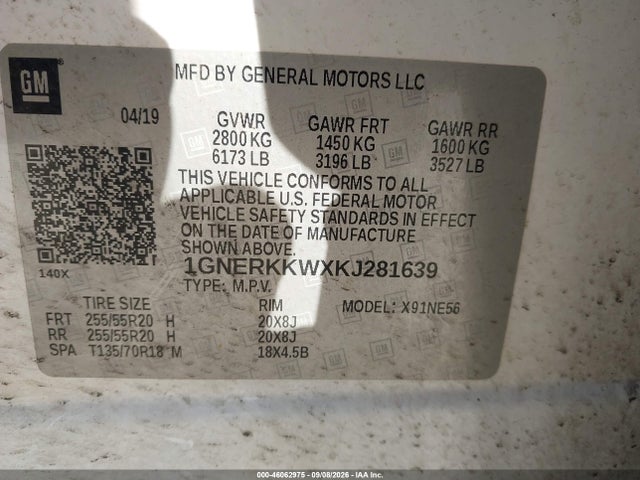 Продаж на аукціоні авто 2019 Chevrolet Traverse Premier, vin: 1GNERKKWXKJ281639, номер лоту: 46062975