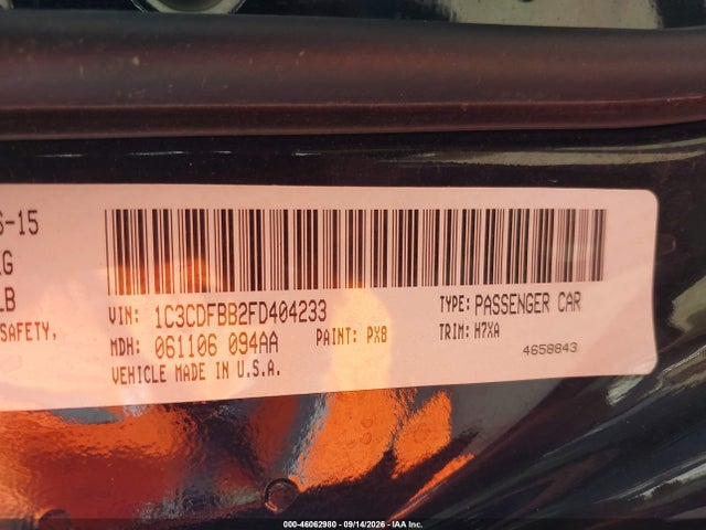 2015 Dodge Dart Sxt მანქანა იყიდება აუქციონზე, vin: 1C3CDFBB2FD404233, აუქციონის ნომერი: 46062980