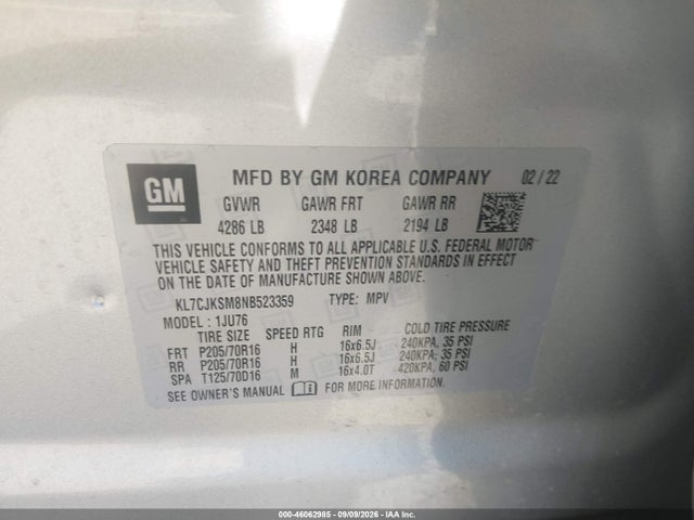 46062985 :رقم المزاد ، KL7CJKSM8NB523359 vin ، 2022 Chevrolet Trax Fwd Ls مزاد بيع