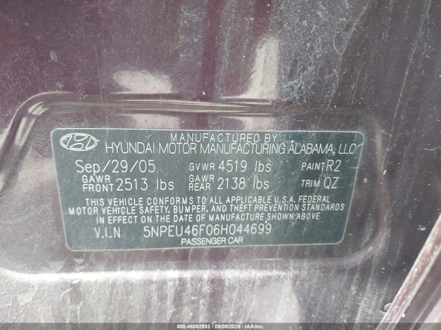 Продаж на аукціоні авто 2006 Hyundai Sonata Gls V6/lx V6, vin: 5NPEU46F06H044699, номер лоту: 46062993