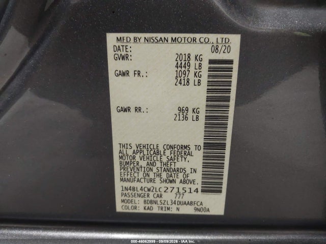 2020 Nissan Altima Sr Intelligent Awd მანქანა იყიდება აუქციონზე, vin: 1N4BL4CW2LC271514, აუქციონის ნომერი: 46062999