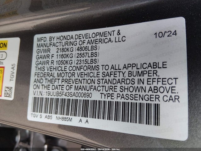 Aukcja sprzedaży 2025 Acura Tlx Technology Package, vin: 19UUB5F43SA000690, numer aukcji: 46063002