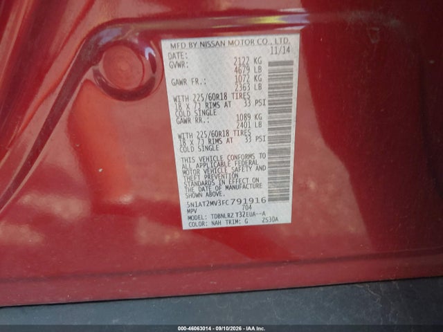2015 Nissan Rogue Sl მანქანა იყიდება აუქციონზე, vin: 5N1AT2MV3FC791916, აუქციონის ნომერი: 46063014