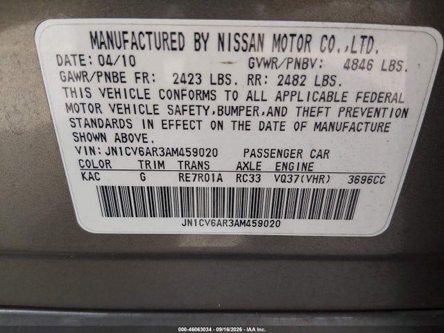 46063034 :رقم المزاد ، JN1CV6AR3AM459020 vin ، 2010 Infiniti G37x مزاد بيع