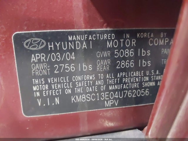 Продажа на аукционе авто 2004 Hyundai Santa Fe Gls/lx, vin: KM8SC13E04U762056, номер лота: 46063036