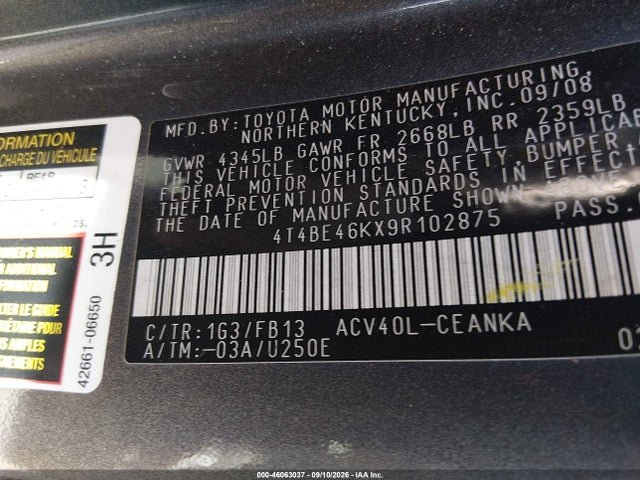 Auction sale of the 2009 Toyota Camry Le, vin: 4T4BE46KX9R102875, lot number: 46063037