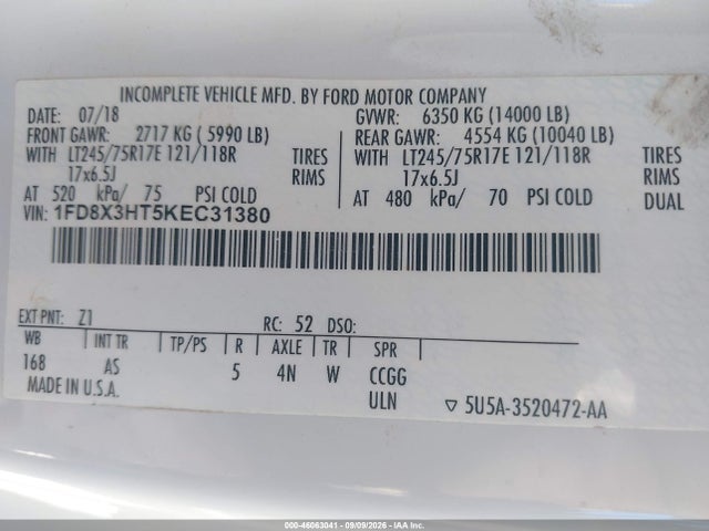 46063041 :رقم المزاد ، 1FD8X3HT5KEC31380 vin ، 2019 Ford Super Duty F-350 Drw Xl مزاد بيع