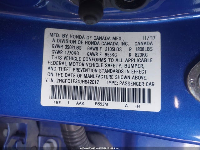 Продаж на аукціоні авто 2018 Honda Civic Ex-t, vin: 2HGFC1F34JH642017, номер лоту: 46063042