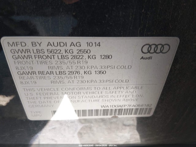 2015 Audi Q5 3.0t Premium Plus მანქანა იყიდება აუქციონზე, vin: WA1DGAFP7FA056182, აუქციონის ნომერი: 46063045