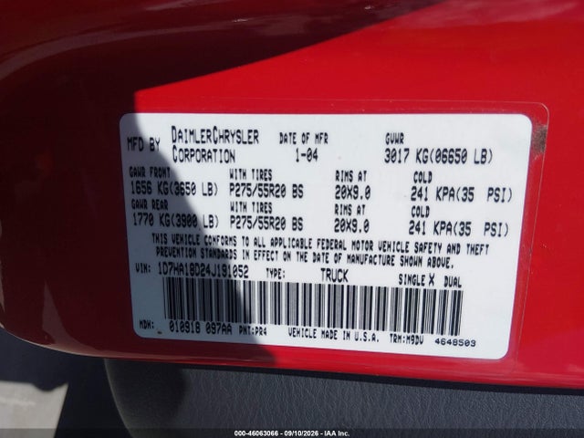 2004 Dodge Ram 1500 Slt/laramie მანქანა იყიდება აუქციონზე, vin: 1D7HA18D24J191052, აუქციონის ნომერი: 46063066