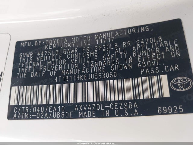 4T1B11HK6JU553050 Toyota CAMRY SE